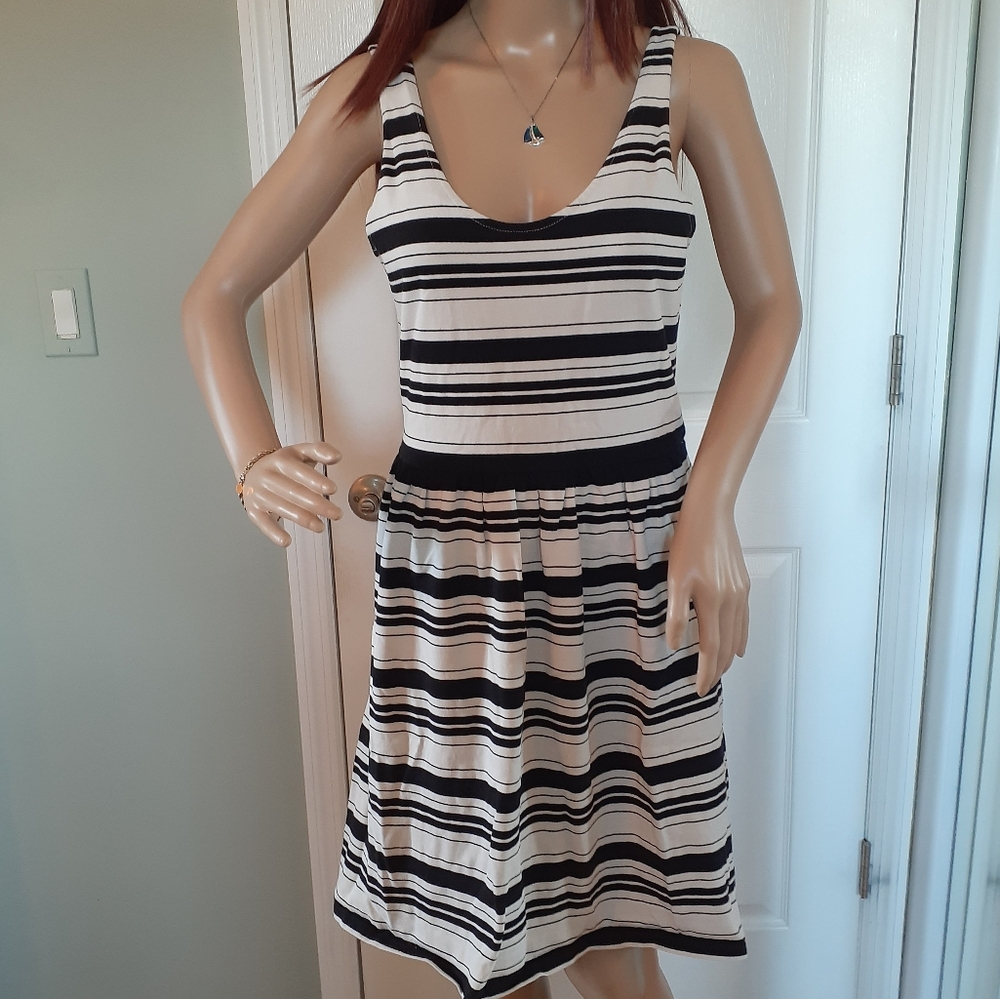 J Crew Villa M Laid Back Playful Black White Stripe Fit &flare Button Back Dress